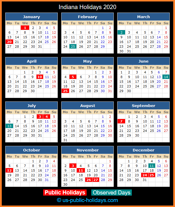 Indiana Holiday Calendar 2020
